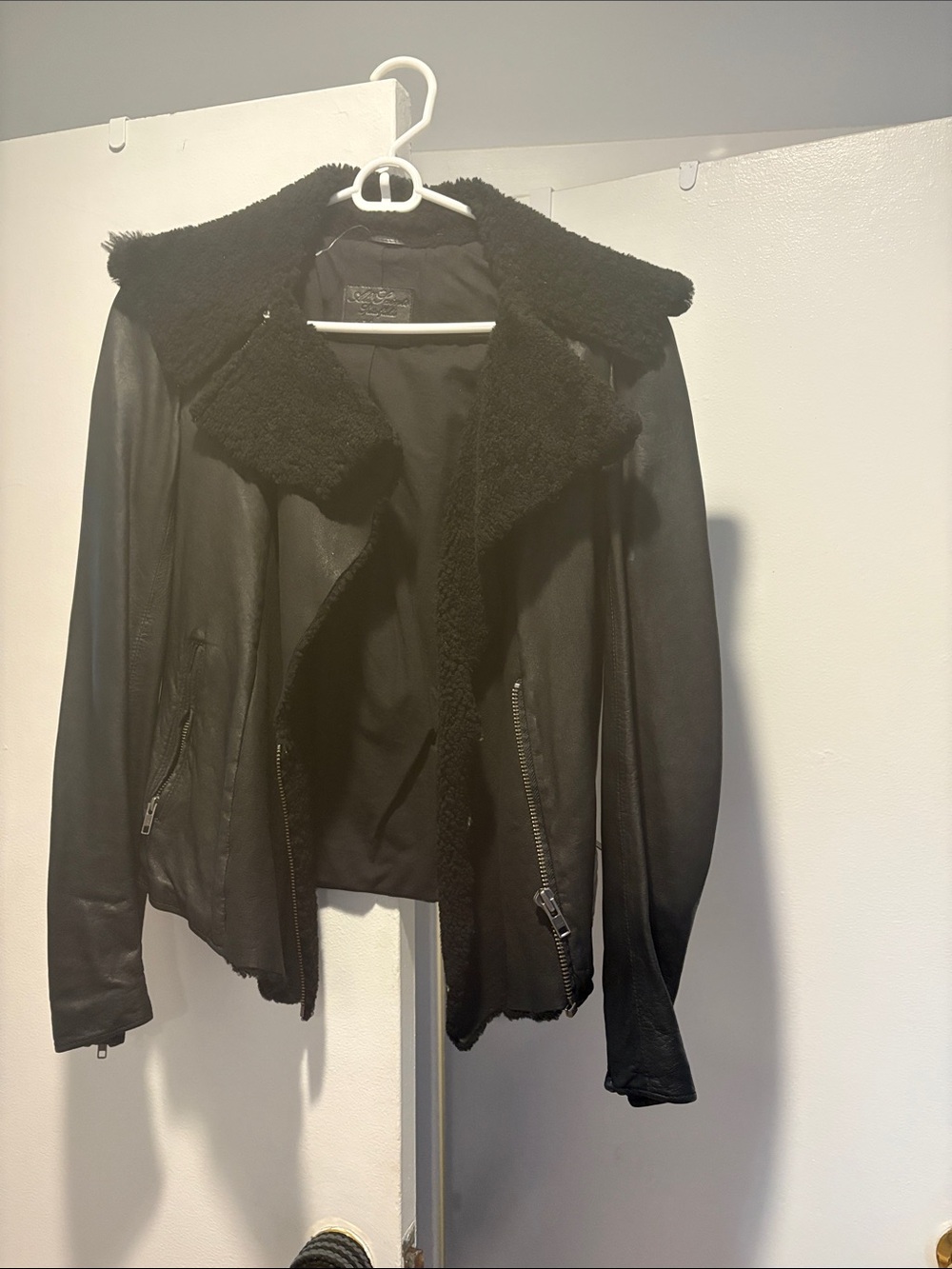 All saints leather and shearling jacket